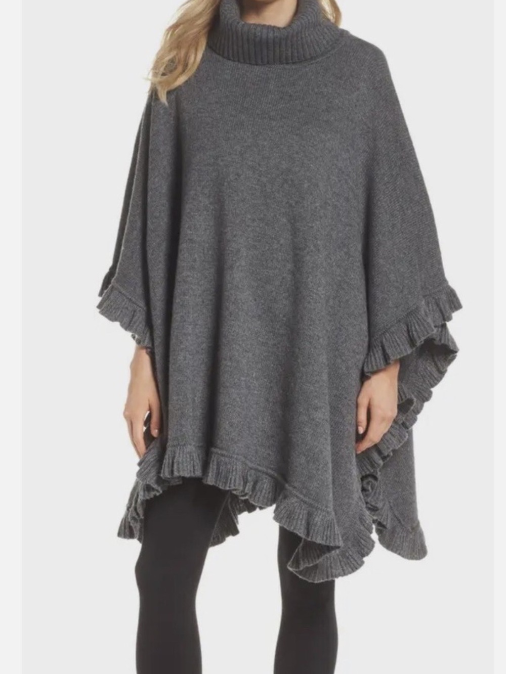 UGG Charcoal Wool Blend Gray Ruffle-Hem Turtleneck Poncho